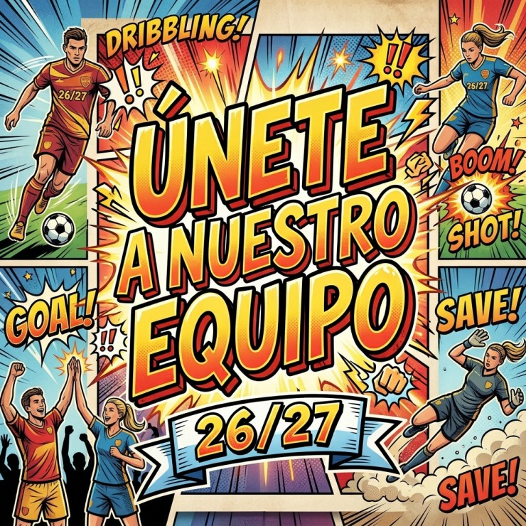 Comic-style poster with bold text ÚNETE A NUESTRO EQUIPO 26/27 and explosive background graphics